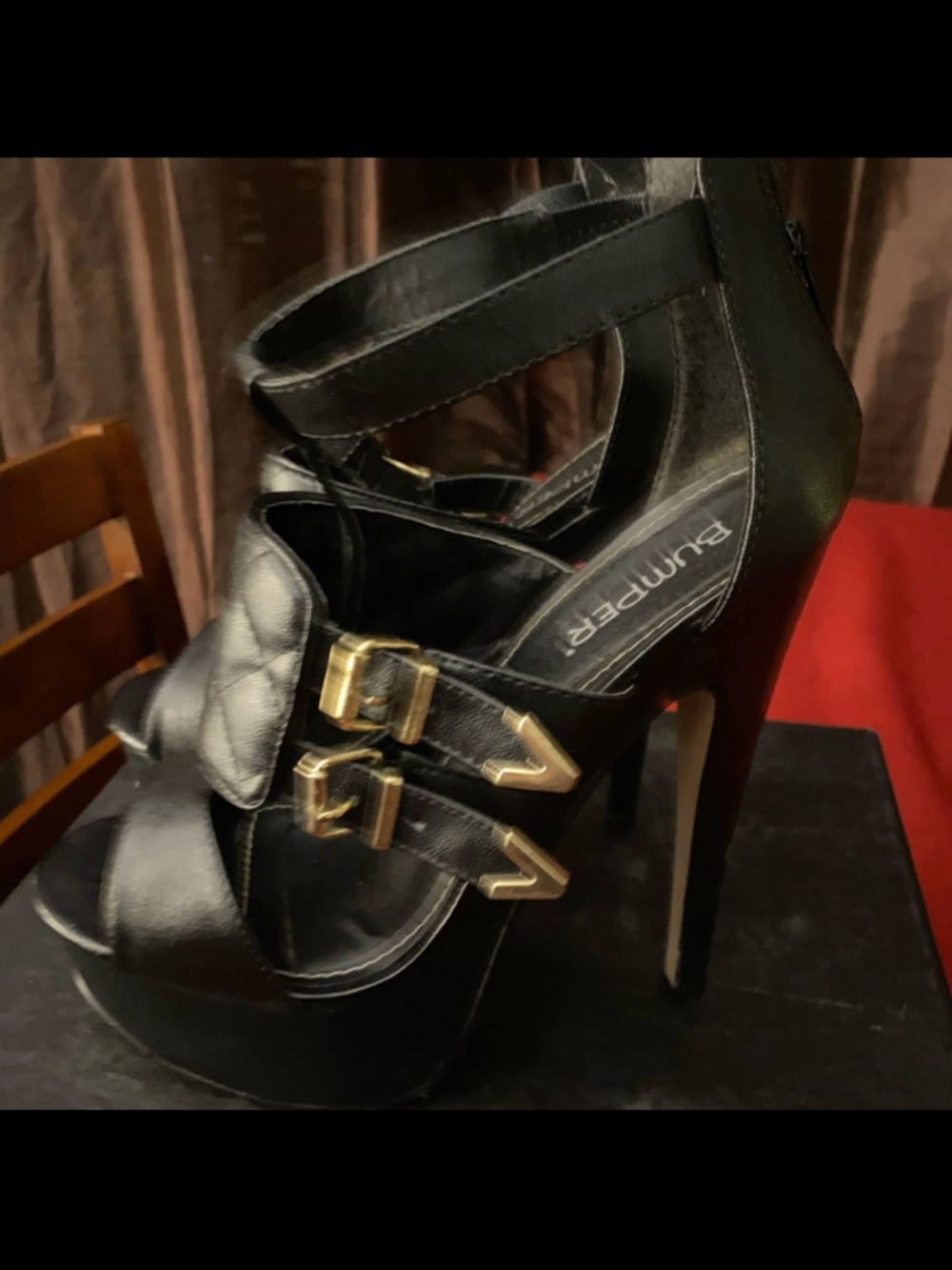 Bumper Black Stiletto Platform Sandals with Gold Buckle Details